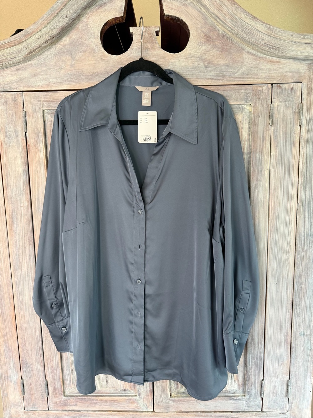 H&M Slate Blue Satin Button-Up Blouse